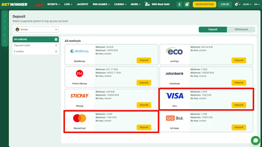 BetWinner Payments Visa and Mastercard Screenshot